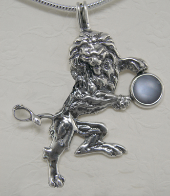 Sterling Silver Royal Rampant Lion Pendant With Grey Moonstone